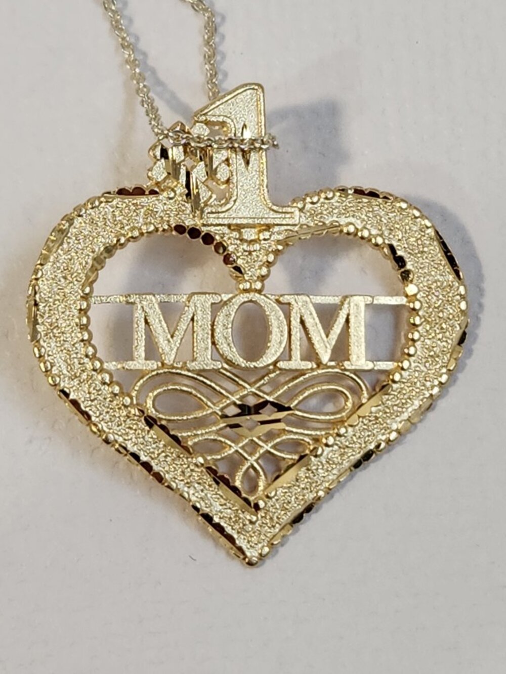Pristine VTG NIB 14K Solid Gold #1 Mom Heart Pendant Necklace w/ 925 Italy Chain